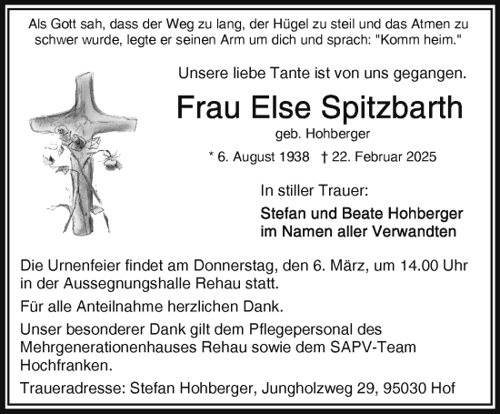 Traueranzeige von Else Spitzbarth von Frankenpost