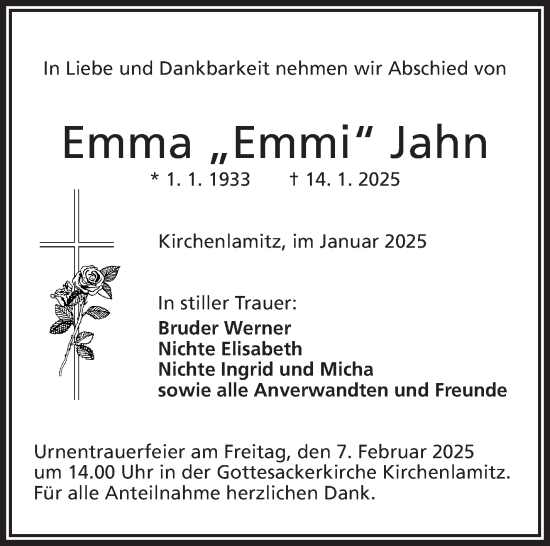 Traueranzeige von Emma Jahn von Frankenpost