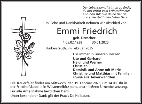 Traueranzeige von Emmi Friedrich von Frankenpost
