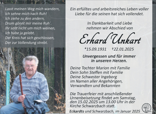 Traueranzeige von Erhard Unkart von Südthüringer Presse