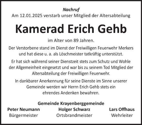 Traueranzeige von Erich Gehb von Südthüringer Presse