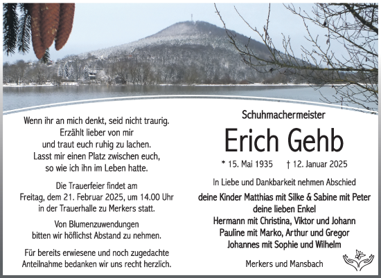 Traueranzeige von Erich Gehb von Südthüringer Presse