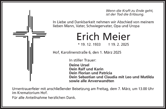 Traueranzeige von Erich Meier von Frankenpost