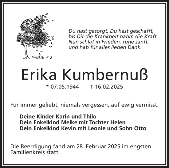 Traueranzeige von Erika Kumbernuß von Frankenpost
