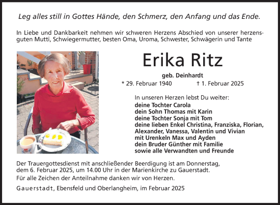 Traueranzeige von Erika Ritz von Neue Presse Coburg