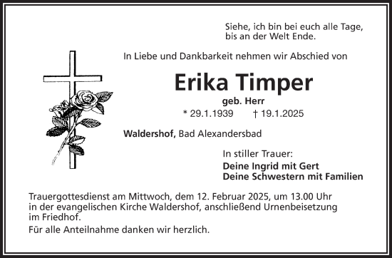 Traueranzeige von Erika Timper von Frankenpost