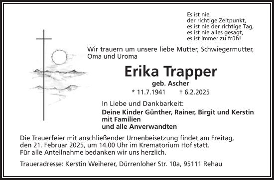 Traueranzeige von Erika Trapper von Frankenpost