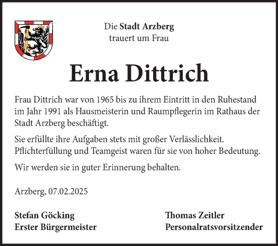 Traueranzeige von Erna Dittrich von Frankenpost