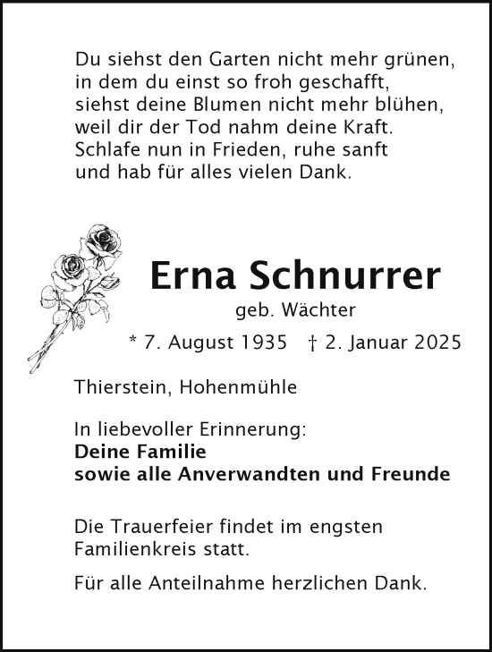 Traueranzeige von Erna Schnurrer von Frankenpost