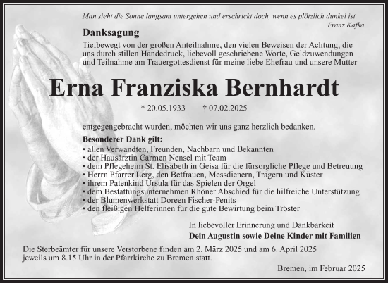 Traueranzeige von Erna Franziska Bernhardt von Südthüringer Presse