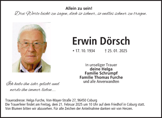 Traueranzeige von Erwin Dörsch von Neue Presse Coburg