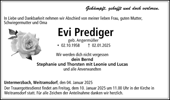 Traueranzeige von Evi Prediger von Neue Presse Coburg