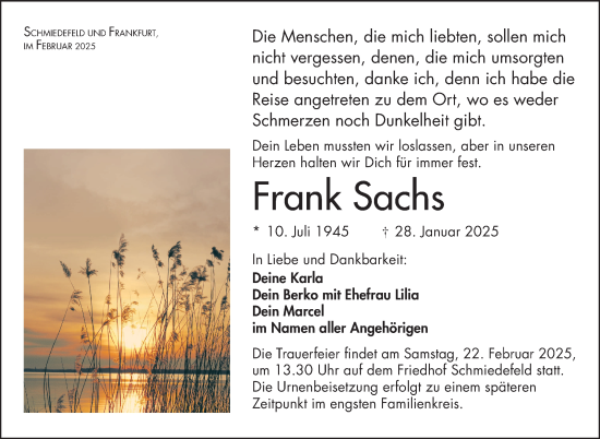 Traueranzeige von Frank Sachs von Südthüringer Presse