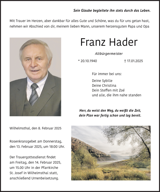 Traueranzeige von Franz Hader von Neue Presse Coburg