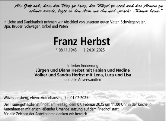 Traueranzeige von Franz Herbst von Neue Presse Coburg