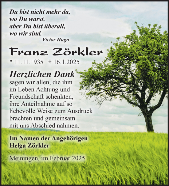 Traueranzeige von Franz Zörkler von Südthüringer Presse