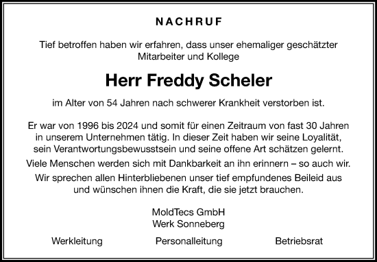Traueranzeige von Freddy Scheler von Südthüringer Presse