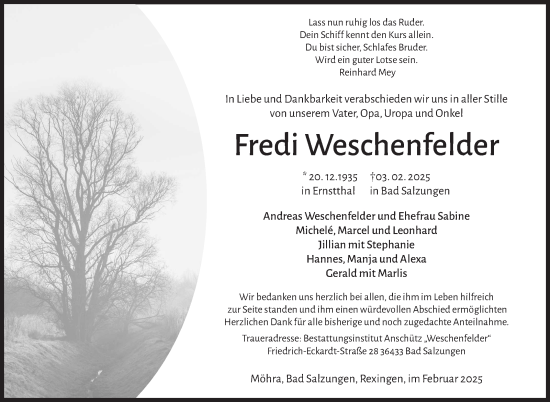 Traueranzeige von Fredi Weschenfelder von Südthüringer Presse