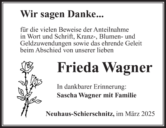 Traueranzeige von Frieda Wagner von Südthüringer Presse