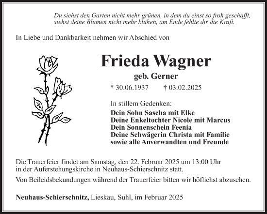 Traueranzeige von Frieda Wagner von Südthüringer Presse
