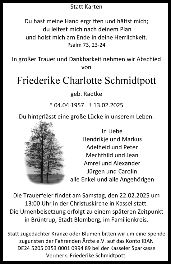 Traueranzeige von Friederike Charlotte Schmidtpott von Südthüringer Presse