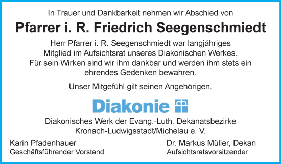 Traueranzeige von Friedrich Seegenschmiedt von Neue Presse Coburg