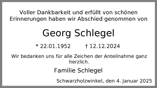 Traueranzeige von Georg Schlegel von Frankenpost