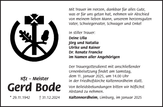 Traueranzeige von Gerd Bode von Südthüringer Presse