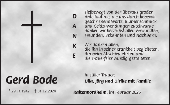 Traueranzeige von Gerd Bode von Südthüringer Presse