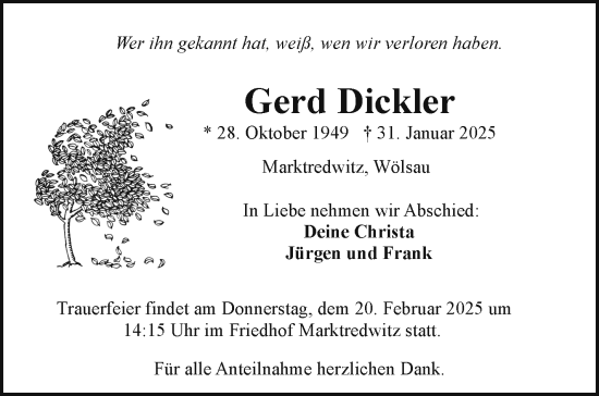 Traueranzeige von Gerd Dickler von Frankenpost