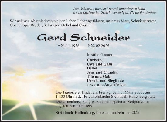 Traueranzeige von Gerd Schneider von Südthüringer Presse