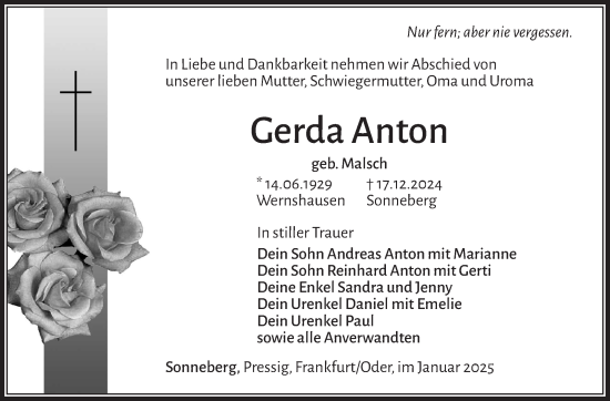 Traueranzeige von Gerda Anton von Südthüringer Presse
