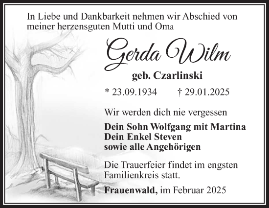 Traueranzeige von Gerda Wilm von Südthüringer Presse