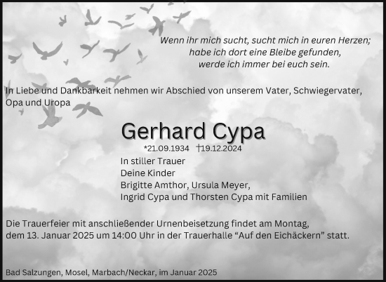 Traueranzeige von Gerhard Cypa von Südthüringer Presse