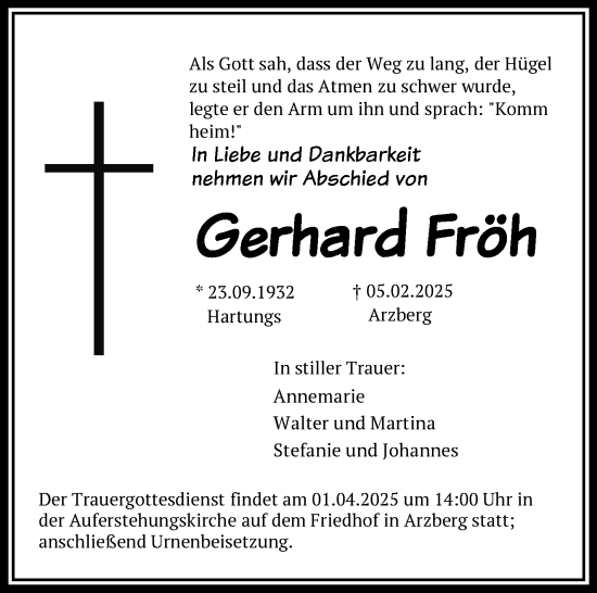 Traueranzeige von Gerhard Fröh von Frankenpost