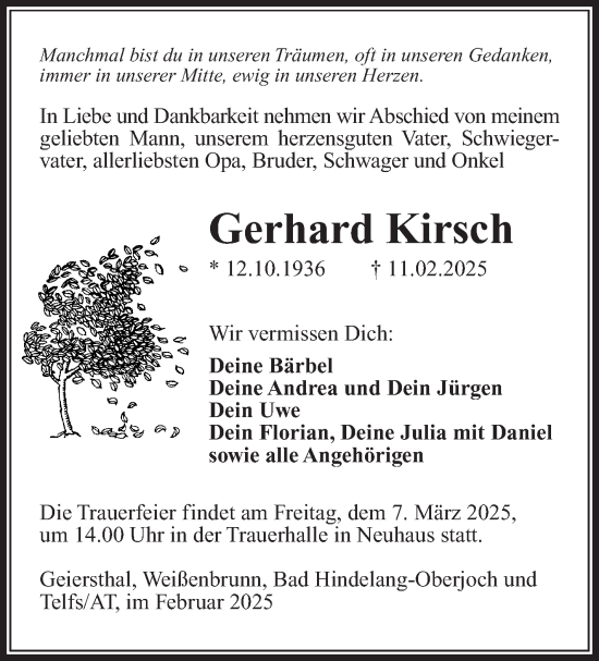 Traueranzeige von Gerhard Kirsch von Südthüringer Presse