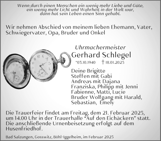Traueranzeige von Gerhard Schlegel von Südthüringer Presse