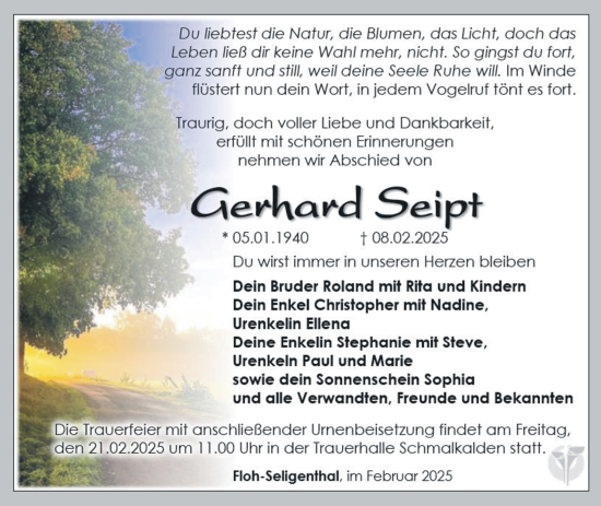Traueranzeige von Gerhard Seipt von Südthüringer Presse