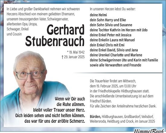 Traueranzeige von Gerhard Stubenrauch von Südthüringer Presse