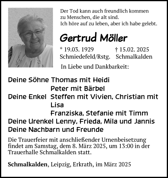 Traueranzeige von Gertrud Möller von Südthüringer Presse