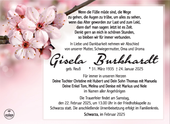 Traueranzeige von Gisela Burkhardt von Südthüringer Presse