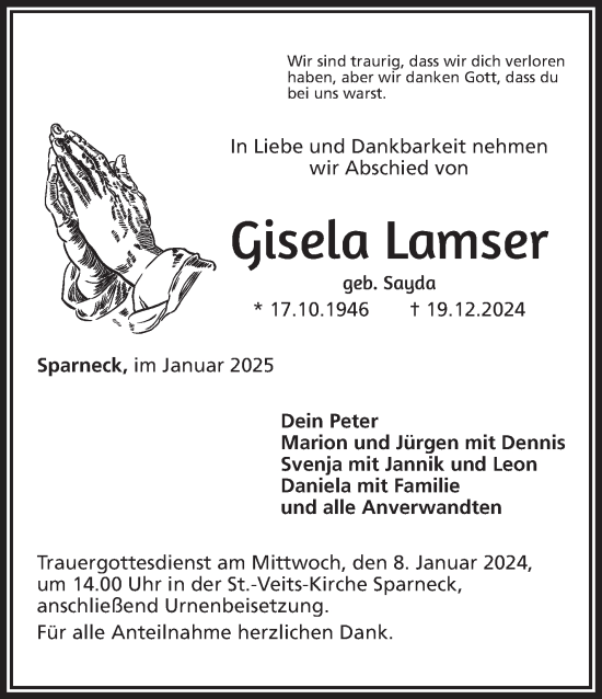 Traueranzeige von Gisela Lamser von Frankenpost