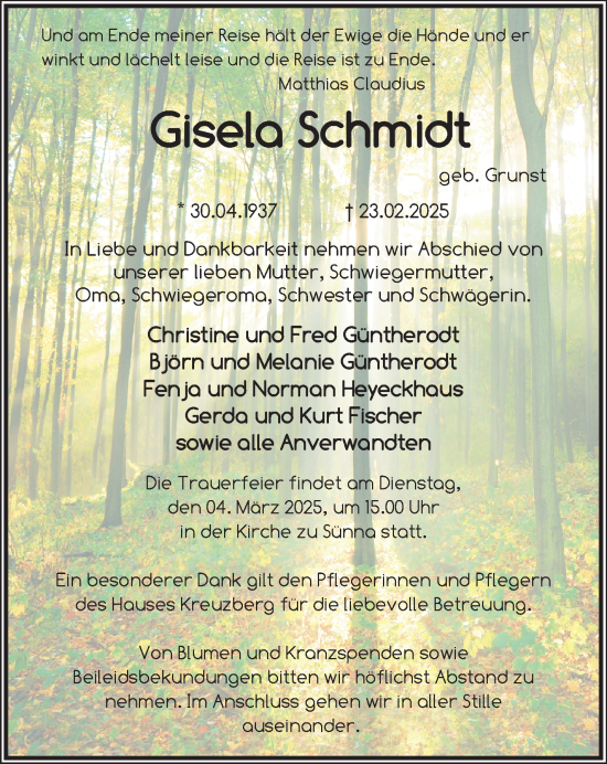 Traueranzeige von Gisela Schmidt von Südthüringer Presse