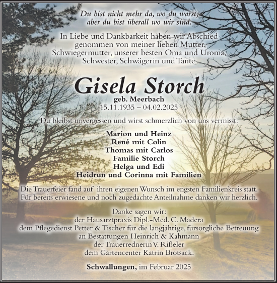 Traueranzeige von Gisela Storch von Südthüringer Presse