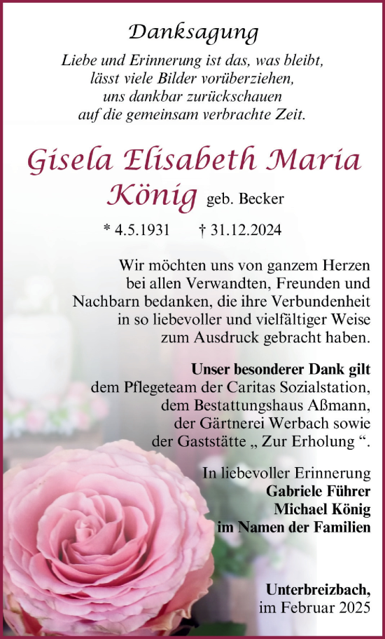 Traueranzeige von Gisela Elisabeth  König von Südthüringer Presse