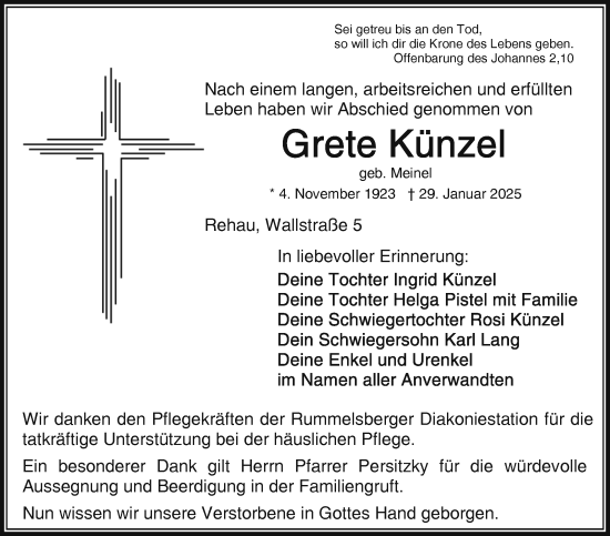 Traueranzeige von Grete Künzel von Frankenpost