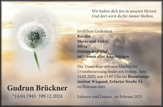 Traueranzeige von Gudrun Brückner von Südthüringer Presse
