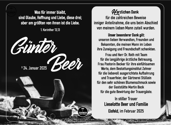 Traueranzeige von Günter Beer von Südthüringer Presse