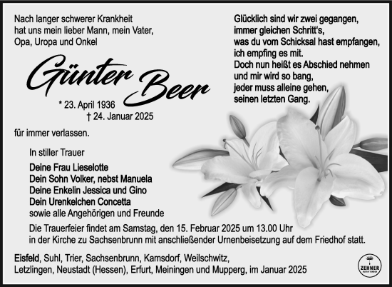 Traueranzeige von Günter Beer von Südthüringer Presse