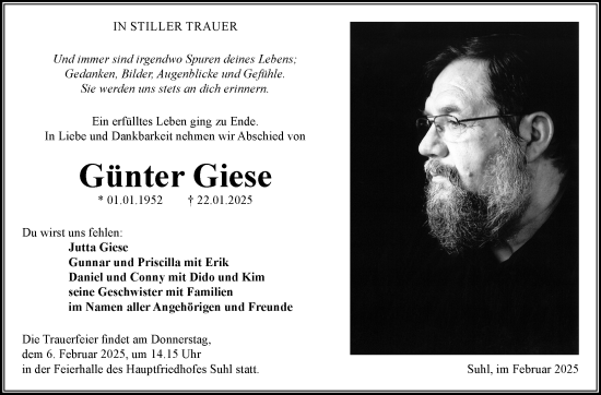 Traueranzeige von Günter Giese von Südthüringer Presse